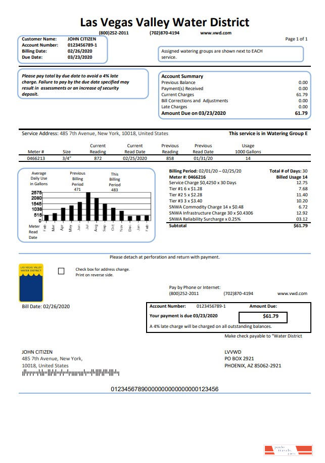 USA Las Vegas Valley Water District (LVVWD) utility bill template in Word and PDF format